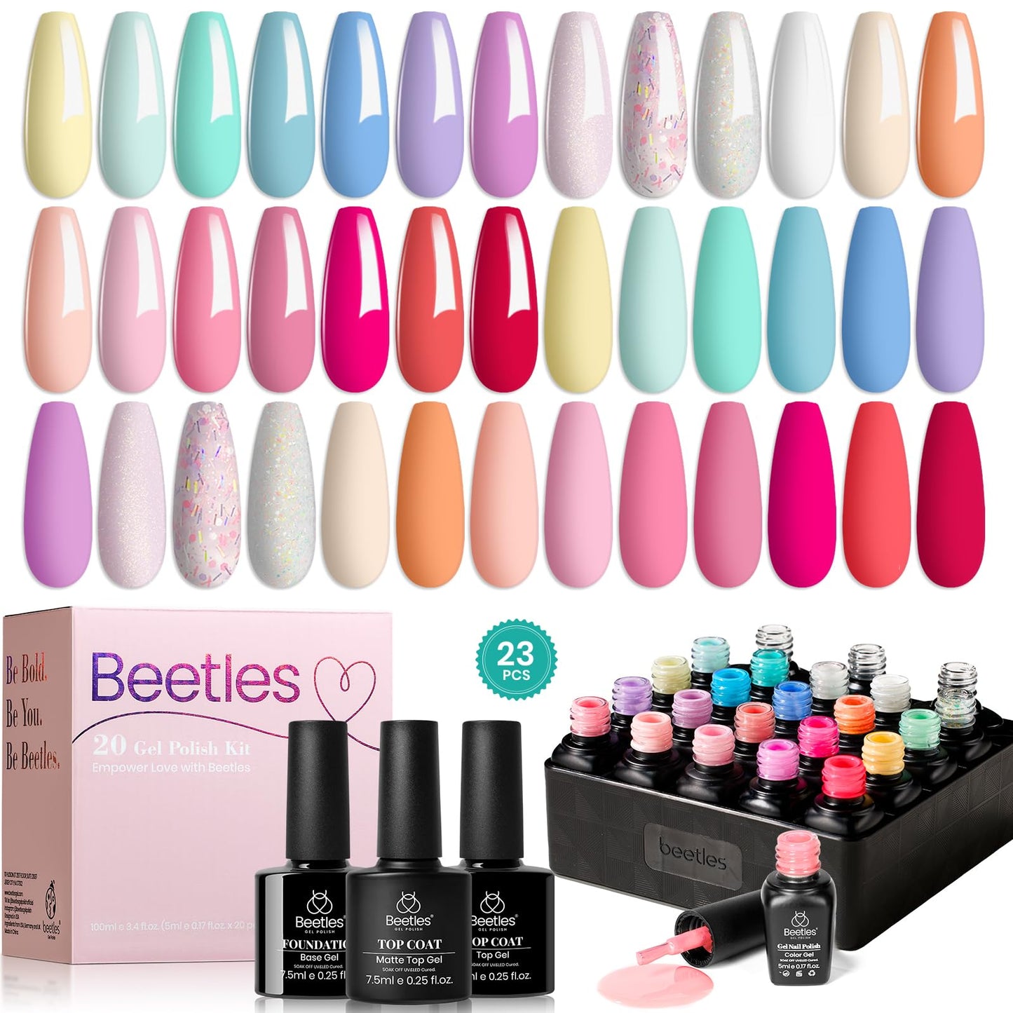 Beetles 23Pcs Gel Nail Polish Set with Base Top Coat Spring Pastel Bright Neon Colors Gel Polish Kit Nude Blue Pink Red Green Purple Colors Soak off Uv Nail Gift for Girls