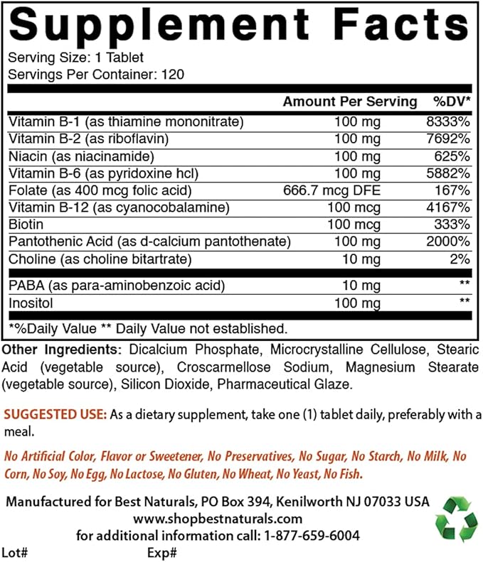 Best Naturals B-100 Complex for adults, 120 Tablets