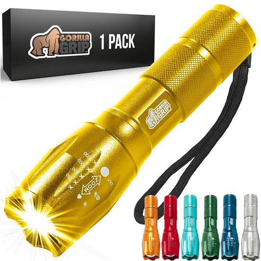 Gorilla Grip Powerful LED 750 FT Water Resistant 5 Adjustable Mode Tactical Flashlight, High Lumens Ultra Bright Battery Life Zoom Flashlights, Small Camping Car Mini Flash Light Accessories, Gold