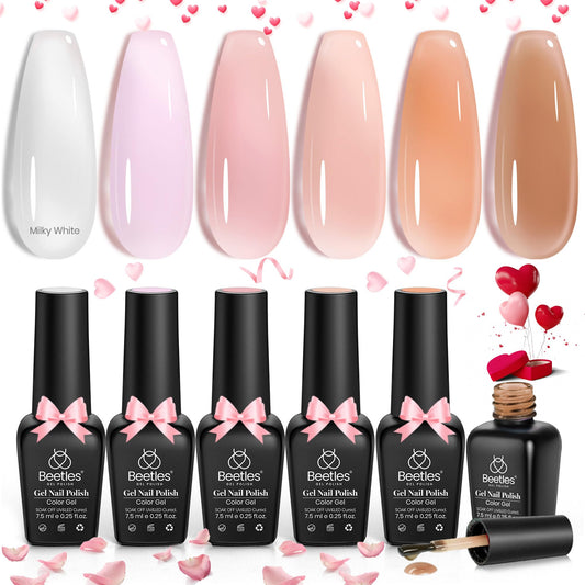 Beetles Jelly Gel Nail Polish Set, 6 Colors Milky White Nude Pink Sheer Brown Gel Polish Kit Nail Concealer Translucent Effect Soak Off Uv French Nail Art Gift for Women Ultimate Monochrome Collection