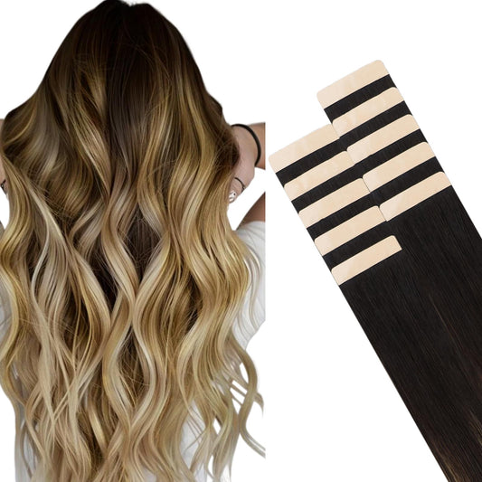 HOTBANANA Tape in Hair Extensions, 10 Inch 10pcs 20g Balayage Dark Brown to Light Brown and Ash Blonde Tape in Hair Extensions Human Hair Tape Hair Extensions Straight Human Hair Tape in Extensions