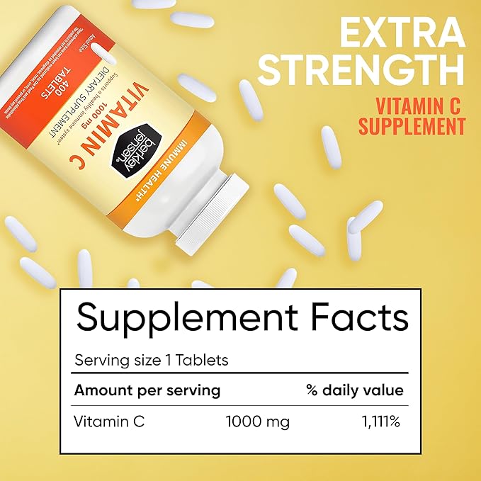 berkley jensen 1000 mg Vitamin C Supplement (400 Tablets), Extra Strength Daily Immune Defense Support for Men and Women, Sugar and Gluten Free Ascorbic Acid, Pure