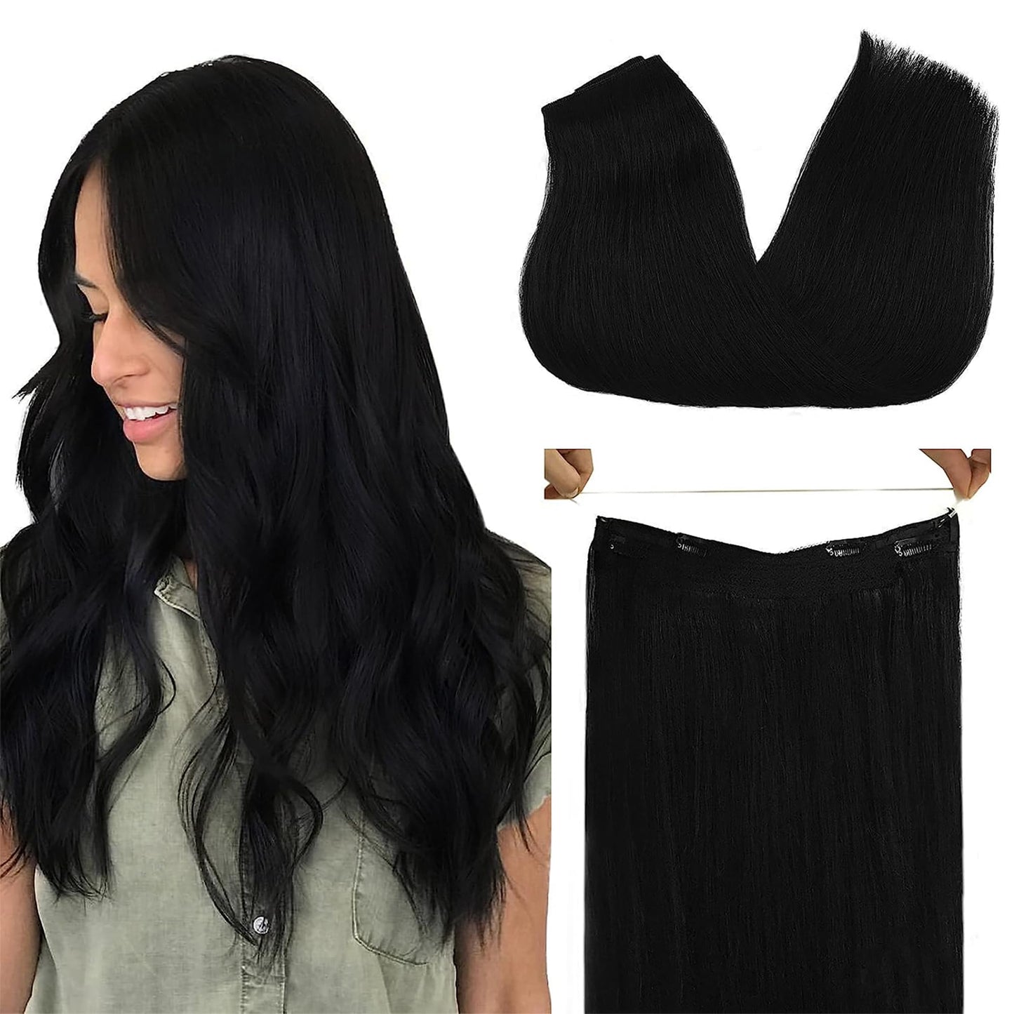 GOO GOO Wire Hair Extensions Human Hair, 1 Jet black Natural 16inch 95g, Invisible Wire Hair Extensions with Transparent, Seamless Fish Line Hairpiece