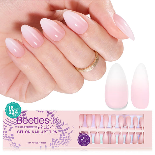 Beetles Ombre Press On Nails 224 Pcs Short Almond Ombre Pink Gel Nail Tips 4 in 1 Press On Nails Pre-Applied Primer and Base Coat, No File Need DIY Manicure Easy False Nail Tips for Nail Extension