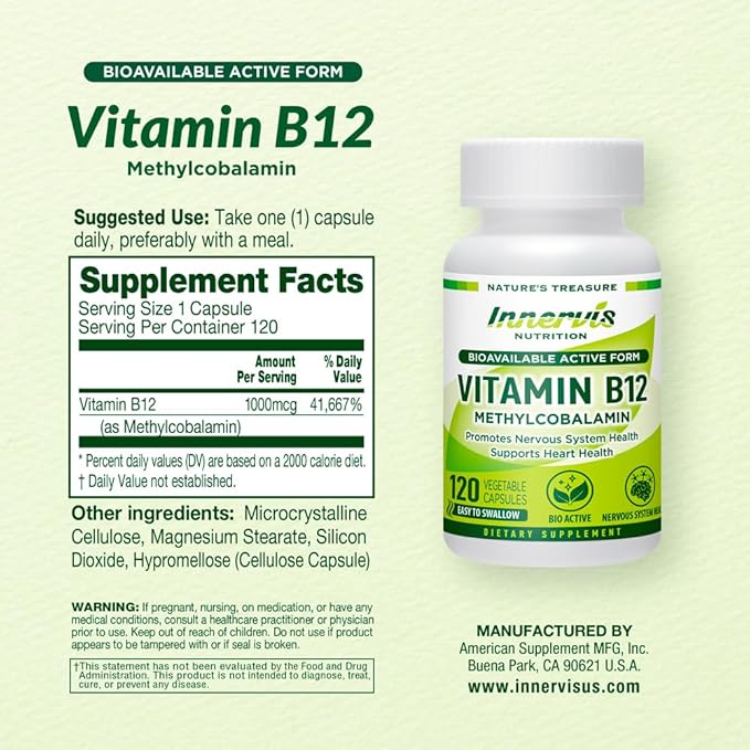 BioActive B12 Methylcobalamin 1000mcg - High Absorption, Supports Energy, Nerve & Heart Health - 120 Vegan Capsules, Non-GMO, Made in USA