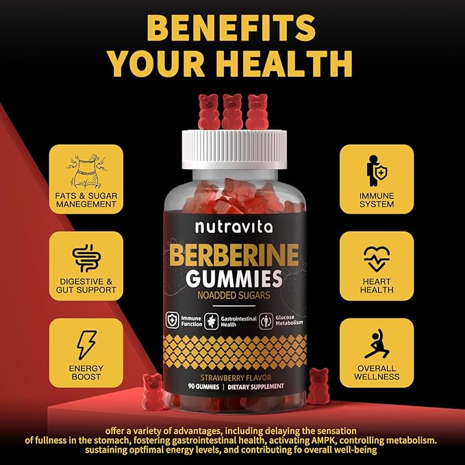 Berberine Gummies with Ceylon Cinnamon 1500mg High Potency Berberine HCL Supplement for Immune and Metabolism Support, Sugar Free Organic Berberine Gummies Strawberry Flavor-2PACK