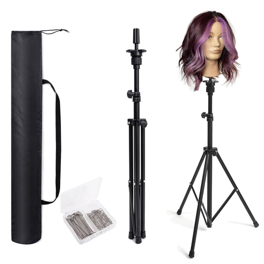 Goodofferplace Tall Wig Tripod Stand,Metal Mannequin Head Stand Adjustable for Mannequin Head,Training Canvas Block Head,for Styling,Wig Making Displaywith Carrying Bag,30 Pcs T-Pins(35.4-52.4 Inch)