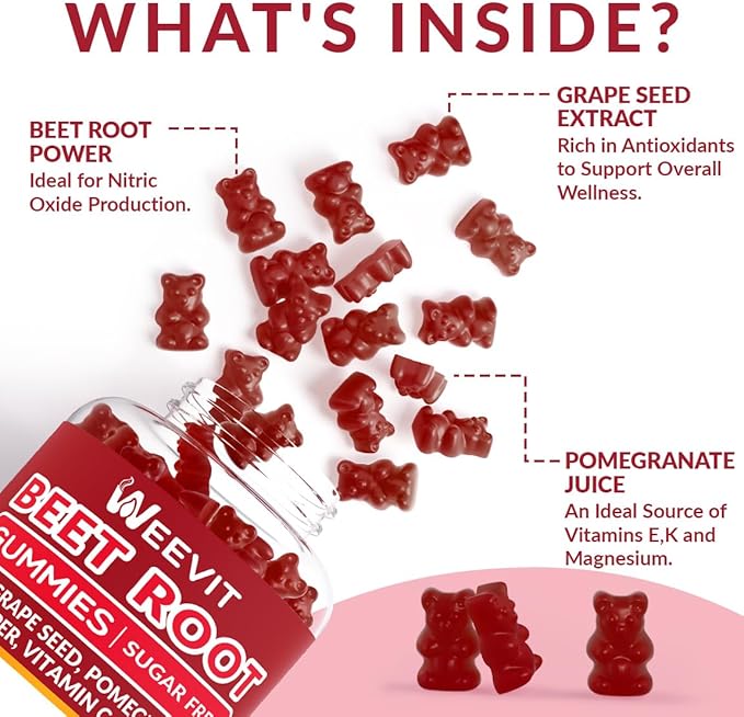 Beet Root Gummies, Nitric Oxide Supplement for Men Women | Organic Beet Gummy with Grape Seed, Pomegranate, Black Pepper, Vitamin C, B12