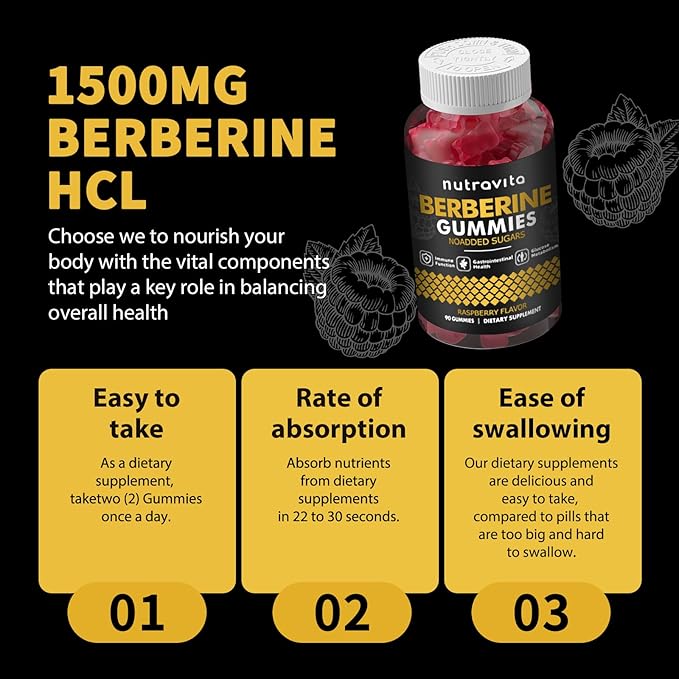 Berberine Gummies with Ceylon Cinnamon 1500mg High Potency Berberine HCL Supplement for Immune and Metabolism Support, Sugar Free Organic Berberine Gummies Raspberry Flavor