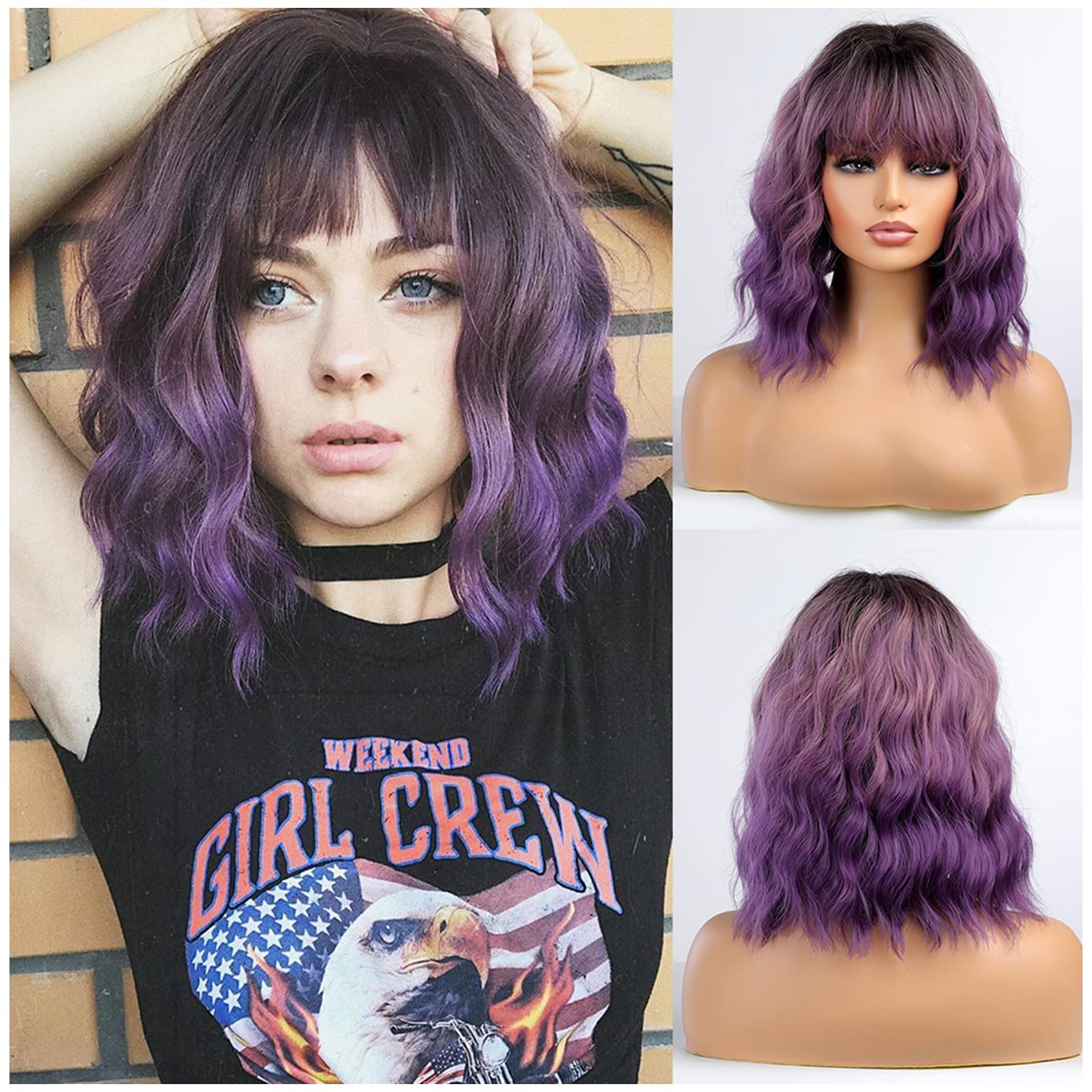 BERON Ombre Purple Short Wigs Curly Bob Wig with Bangs Ombre Color Wavy Hair Wigs Women's Synthetic Wigs Daily Party Use