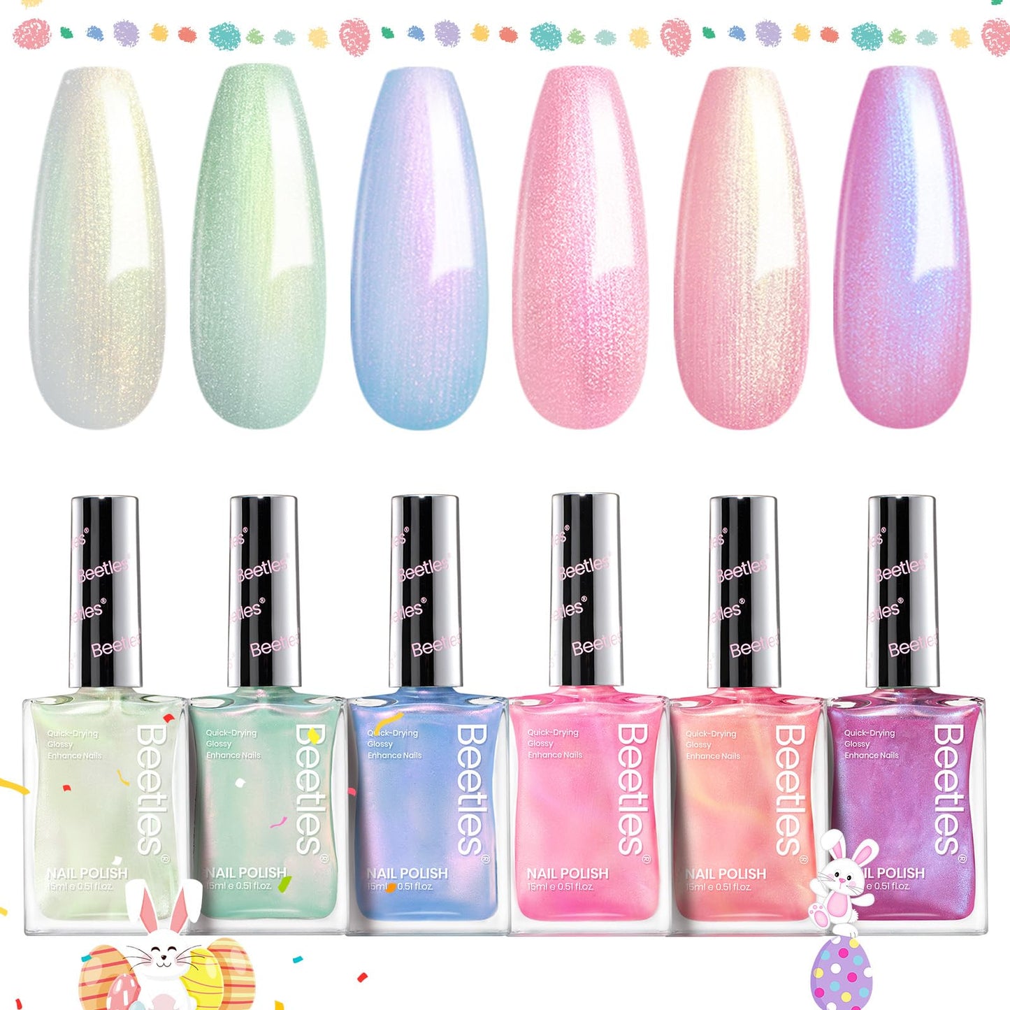 Beetles Pearl Nail Polish Set Mermaid Glow, 6 Colors Shimmer Pearl Pink Purple 15ml Quick Dry Nail Polish Long Lasting DIY Manicure Gift for Girls Women Nail Strengthener Polish