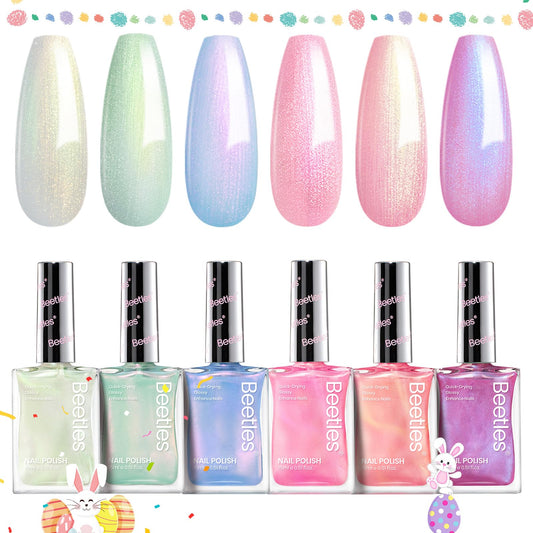 Beetles Pearl Nail Polish Set Mermaid Glow, 6 Colors Shimmer Pearl Pink Purple 15ml Quick Dry Nail Polish Long Lasting DIY Manicure Gift for Girls Women Nail Strengthener Polish