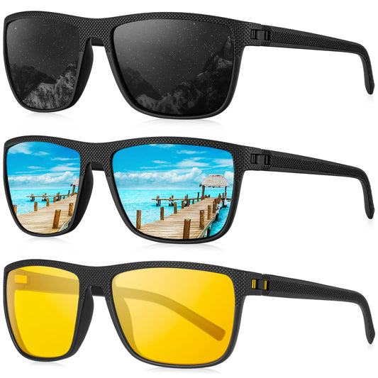 KALIYADI Polarized Sunglasses Men, Lightweight Night Vision Glasses for Driving Fishing Golf (Black/Ice Blue/Night Vision)