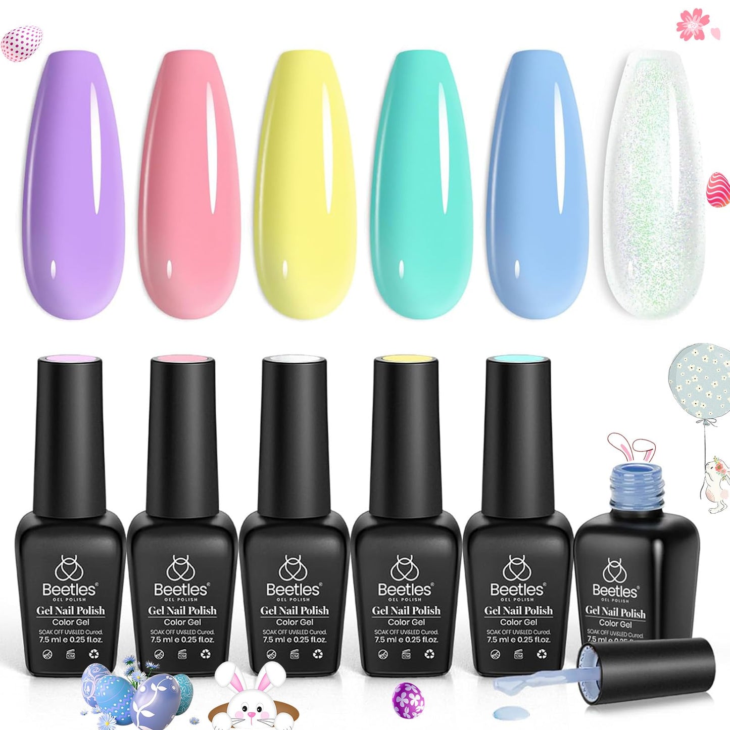 Beetles Pastel Gel Polish Set- 6 Colors Purple Yellow Mint Green Gel Polish Blue Jelly Rainbow Shimmer Gel Nail Polish Manicure at Home Gifts for Women