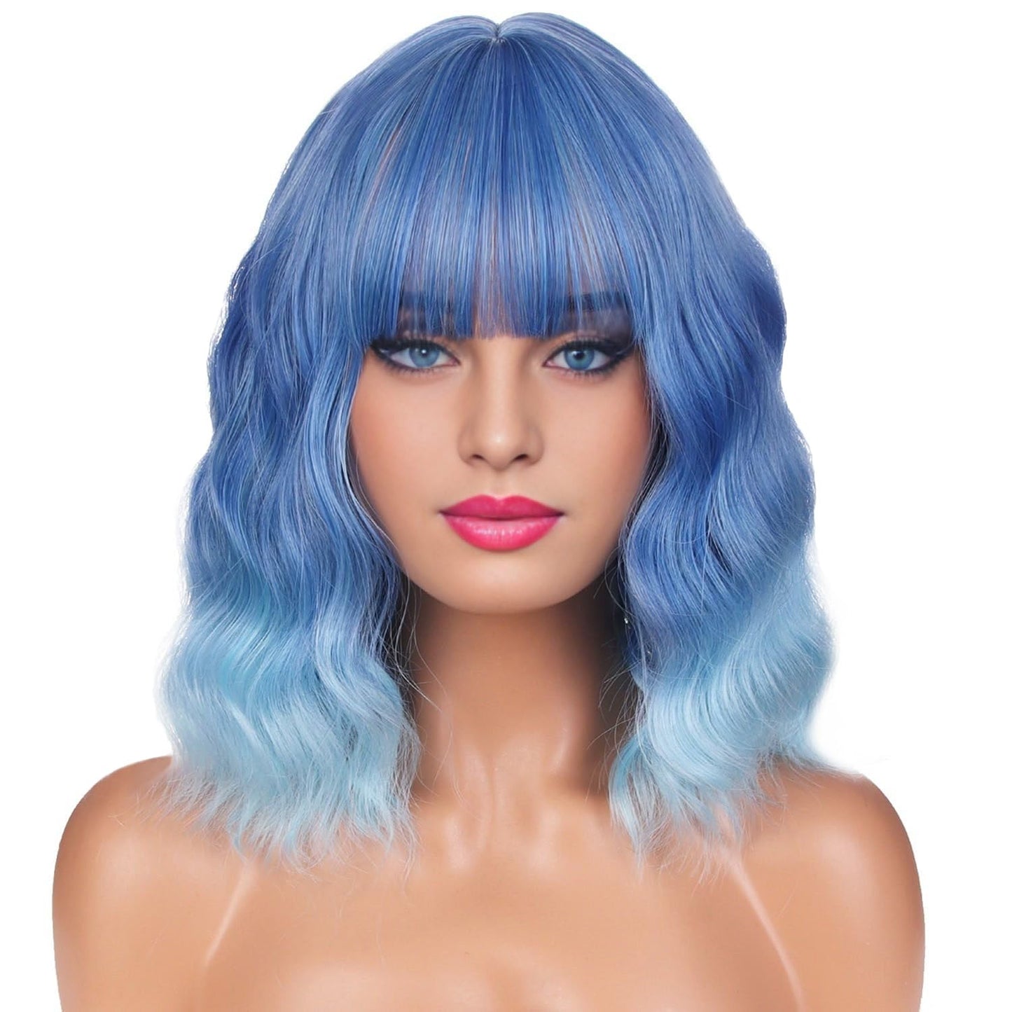 BERON 14 Inches Ombre Blue Wig Short Curly Wig with Bangs Blue Ombre Wig Synthetic Wigs Women Girls Ombre Wig with Wig Cap