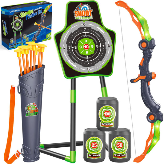 GMAOPHY Bow and Arrow Toys for Kids, Archery Set includes Super Bow with LED Lights, 10 Suction Cups Arrows,Archery Set with Standing Target and 3 Target Cans for Boys