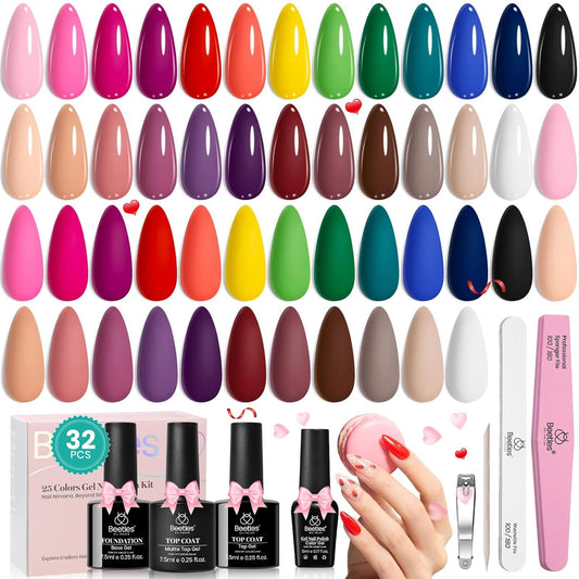 Beetles Gel Nail Polish 25 Colors Gel Polish Set Nude Pink Red Blue Gel Polish Chic Outfits Collection with 3Pcs Base Top Coat Gel Manicure Kit Salon DIY Home Valentine's Day Gift for Women
