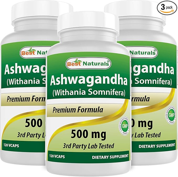 Best Naturals 3 Pack Ashwagandha Capsules for Relaxing Stress and Mood, 500 mg, 120 Count (Total 360 Capsules)