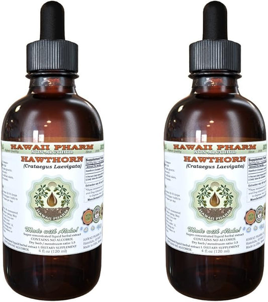 Hawthorn Alcohol-Free Liquid Extract, Hawthorn (Crataegus Laevigata) Dried Leaf and Flower Glycerite Hawaii Pharm Natural Herbal Supplement 2x2 oz