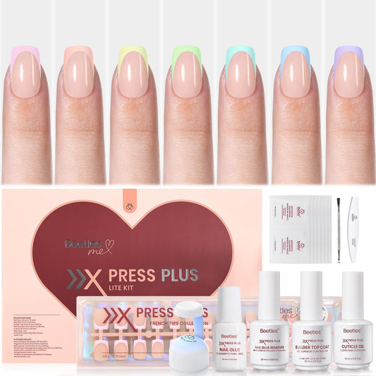 Beetles X Press Plus Lite Kit Pastel Press on Nails 224 pcs Short Square Spring Press on Nails with Nail Glue Builder Top Coat Nail Remover 16 Sizes Squoval Pastel French Tips for Women