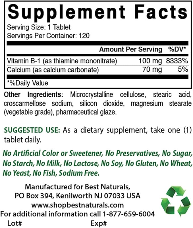 Best Naturals Vitamin B1 as Thiamine Mononitrate 100 mg 120 Tablets (120 Count (Pack of 2))