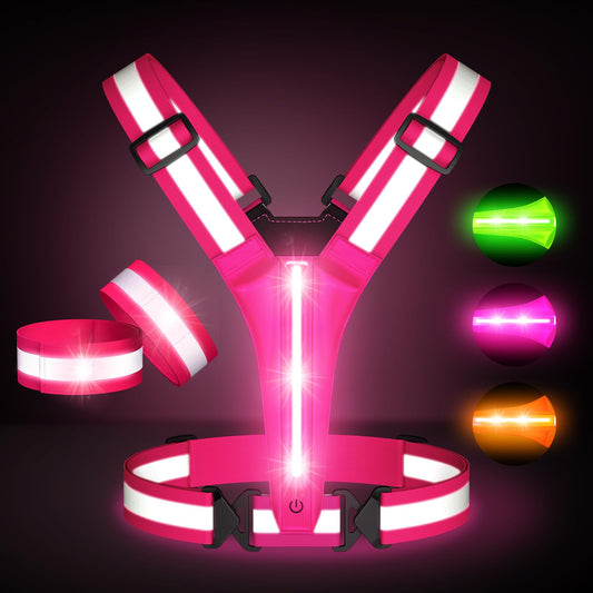 Led Light Up Running Vest Reflective Vest for runners night walking, Rechargeable LED Reflective Running Vest High Visibility with Adjustable Waist/Shoulde, Reflective Armband for Women Men (Pink)