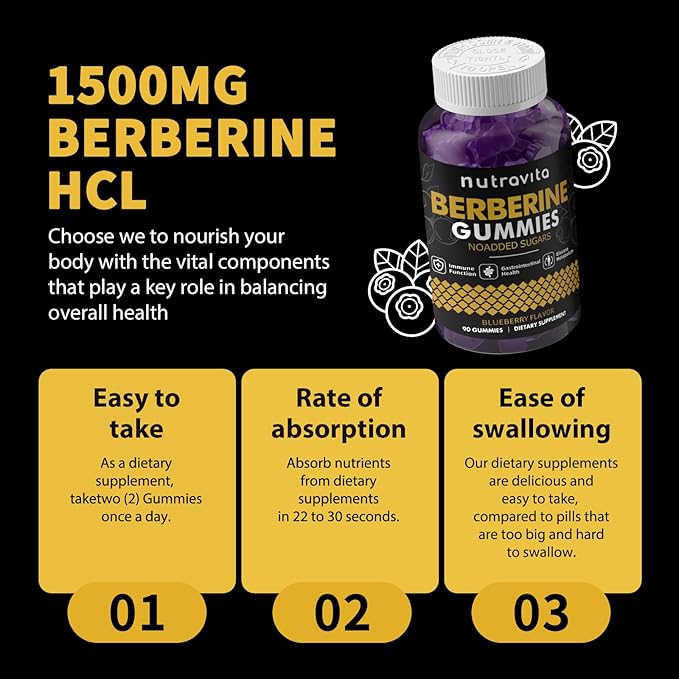 Berberine Gummies with Ceylon Cinnamon 1500mg High Potency Berberine HCL Supplement for Immune and Metabolism Support, Sugar Free Organic Berberine Gummies Blueberry Flavor-2PACK
