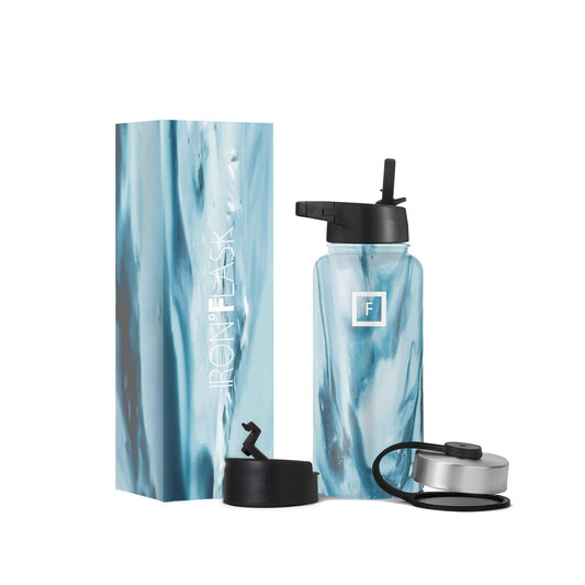 IRON °FLASK Camping & Hiking Hydration Flask, Wide Mouth, 3 Straw Lids, Stainless Steel Outdoor Water Bottle, Double Walled, Insulated Thermos, Metal Canteen - Ocean, 32 Oz