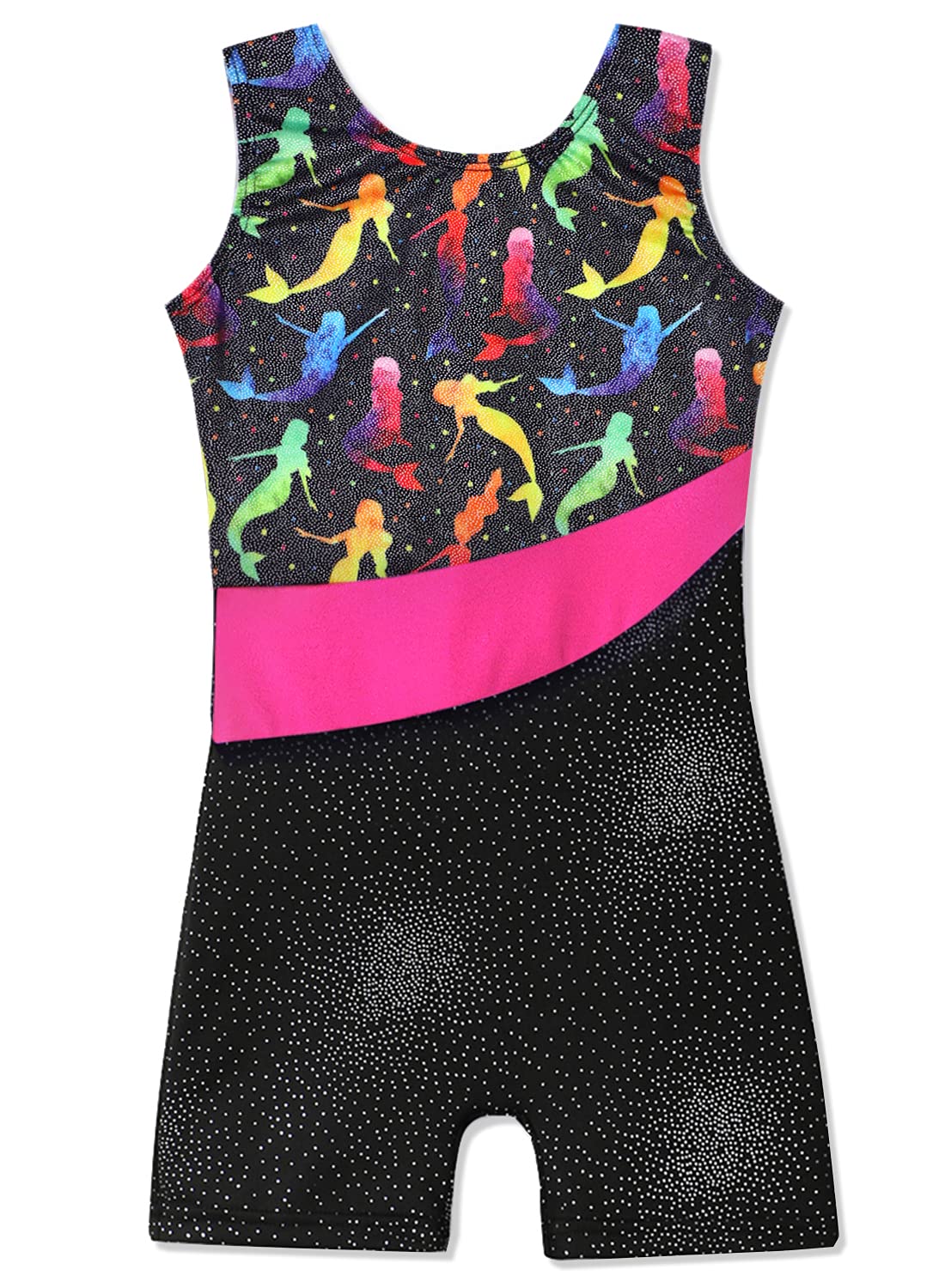 Belovance Girls Gymnastics Biketard 3t 4t Toddler Girls Gymnastics Leotards Sparkle Rainbow Mermaid Black Sleeveless Unitard (Colorful Mermaid, 3-4T)