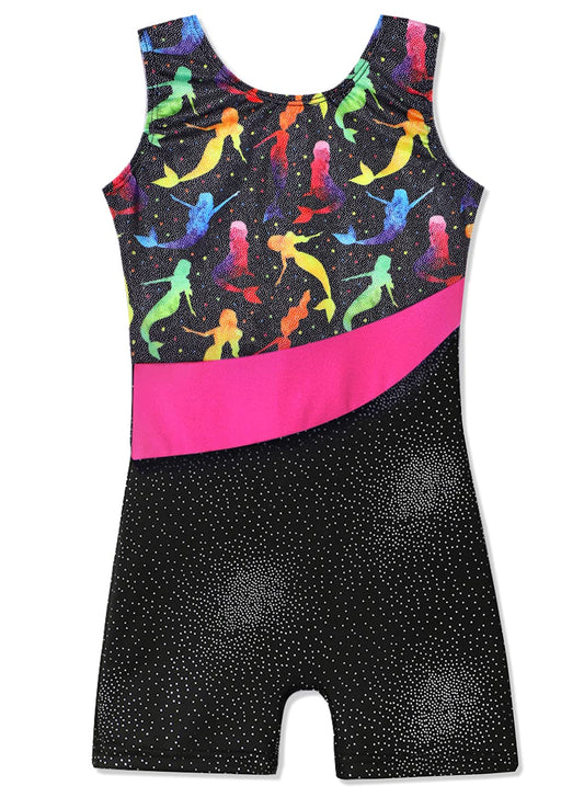 Belovance Girls Gymnastics Biketard 3t 4t Toddler Girls Gymnastics Leotards Sparkle Rainbow Mermaid Black Sleeveless Unitard (Colorful Mermaid, 3-4T)