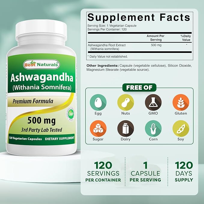 Best Naturals 3 Pack Ashwagandha Capsules for Relaxing Stress and Mood, 500 mg, 120 Count (Total 360 Capsules)
