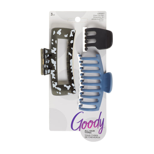 Goody SlideProof Rectangular Claw Clips - 3 Ct, Cool Tones, 1 Small + 2 Large Claw Clips, Hair Styling Accessories with Secure Grip, Hair Accessories for Women & Men, All Hair Types