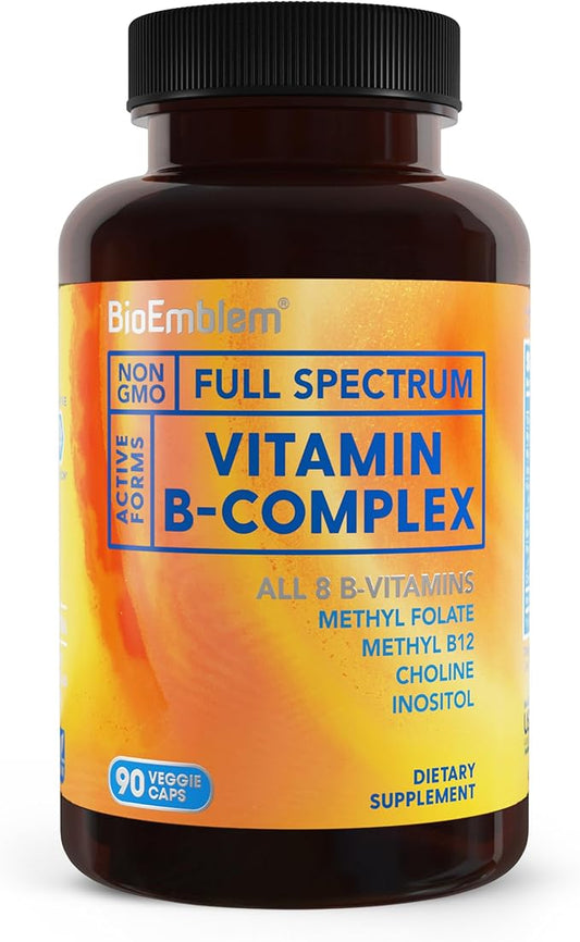 BioEmblem Vitamin B-Complex - All 8 Active Forms with Methyl Folate, Methyl B12, B6, Biotin Plus Choline Inositol, Supports Energy, Metabolism, Brain, Heart Health - B Vitamin Supplement 90 Capsules