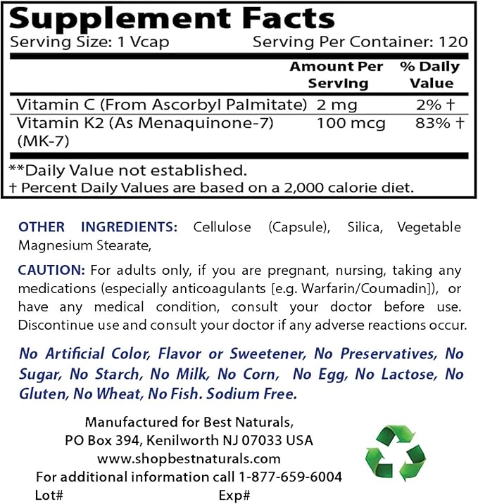 Best Naturals MK-7 Vitamin K2 100 mcg & Vitamin A 25000 IU