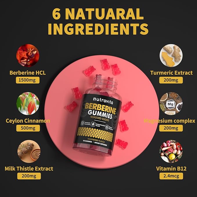 Berberine Gummies with Ceylon Cinnamon 1500mg High Potency Berberine HCL Supplement for Immune and Metabolism Support, Sugar Free Organic Berberine Gummies Raspberry Flavor-2PACK