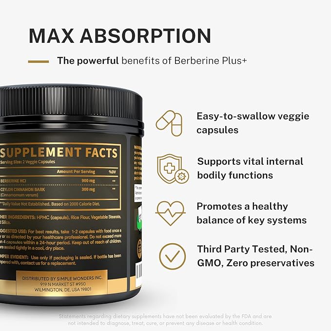 Berberine 1200mg HCL Plus Ceylon Cinnamon Capsules - Metabolic & Immune Support Berberine Supplement, AMPK Metabolic Activator Complex, Cardiovascular Support - Berberine HCL 1200 mg Capsules