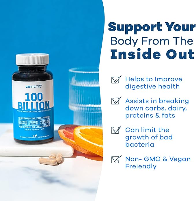 GOBIOTIX 100 Billion - Digestive Enzymes Supplement - Probiotics Multivitamin - Prebiotic Fiber Blend - 100 Billion CFU - Organic Fruit and Greens Blend - Vegan, Non GMO - 30 Capsules