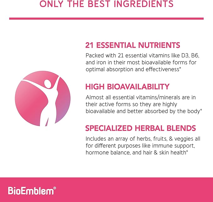 BioEmblem Women's Multivitamin - Complete Daily Multi for Immunity, Energy, Hair, Skin with Vitamin A, B12, B6, D3, Biotin, Iron, Magnesium, Collagen and Veggie Blends - Gluten Free - 90 Capsules