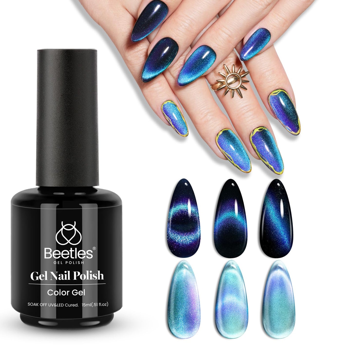 Beetles Blue Cat Eye Gel Nail Polish, 1 PCS 15ml 0.5Oz Glitter Sparkle Holographic Gel Polish with Magnet Translucent Mystical Aura Gel Soak Off LED Nail Lamp Nail Art Manicure Salon DIY Home