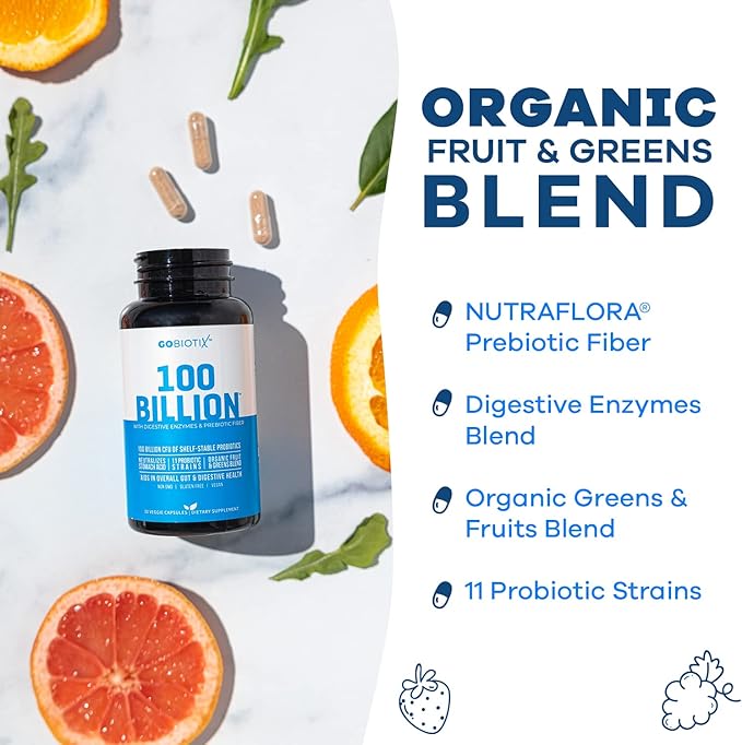 GOBIOTIX 100 Billion - Digestive Enzymes Supplement - Probiotics Multivitamin - Prebiotic Fiber Blend - 100 Billion CFU - Organic Fruit and Greens Blend - Vegan, Non GMO - 30 Capsules