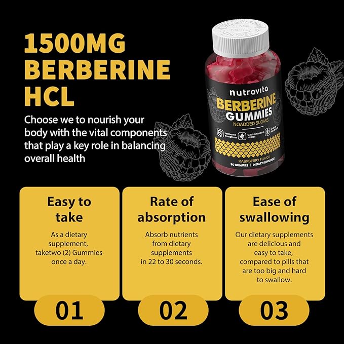 Berberine Gummies with Ceylon Cinnamon 1500mg High Potency Berberine HCL Supplement for Immune and Metabolism Support, Sugar Free Organic Berberine Gummies Raspberry Flavor-2PACK