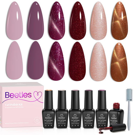 Beetles Cat Eye Gel Nail Polish Set, 6 Colors Purple Glitter Nude Sparkle Stunning Champagne Burgundy Gold lavender Magnetic Effect Nail U v Gel Polish Art Design Gifts for Women