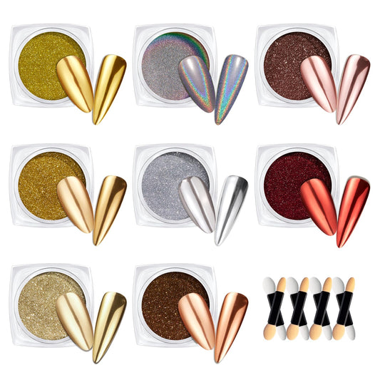 Beetles Gold Chrome Nail Powder Set - 8 Colors Sliver Holographic Mirror Effect Iridescent Golden Red Brown Glitter Metallic Nail Polish Chrome for Nail Art Design