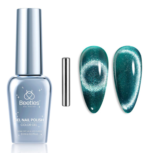 Beetles Green Cat Eye Gel Nail Polish, 15ml Glitter Gel Polish with Magnet Shimmer Green Velvet Soak Off UV LED Nail Lamp Nail Art DIY Home Manicure Design Gift for Women