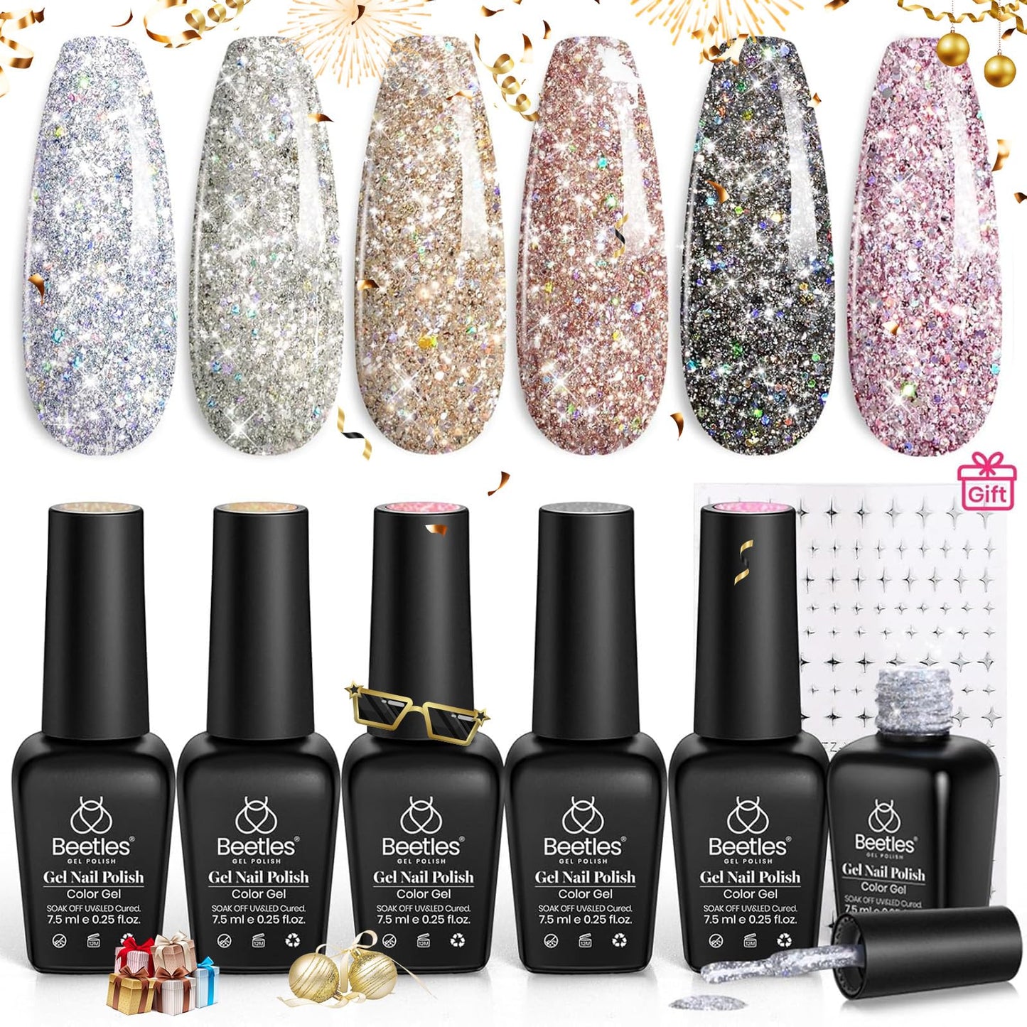 beetles Reflective Glitter Gel Polish 6 Colors Sparkle Gel Nail Polish Set Diamond Shine Silver Black Gold Holographic Glitter Gel with Nail Art Stickers Soak off Uv LED Manicure Gifts for Women