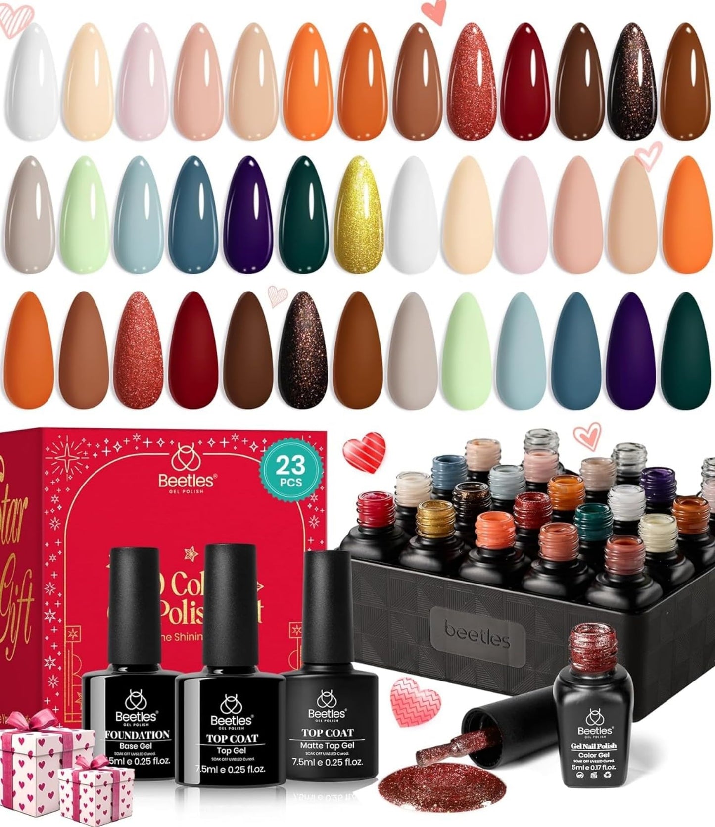 Beetles 23Pcs Gel Nail Polish Kit with Base Gel Top Coat Reason and Romance Collection Orange Brown Burgundy Red Gray Golden Soak off UV Nail Lamp Valentine's Day Gift for Women
