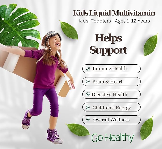 Go Healthy Kids Liquid Multivitamin - Vegan Vitamin Supplement Supports Children's Growth, Development & Immune Health, Ages 1 & Up, 32-64 Servings (1/2-1 Tablespoon/Day)