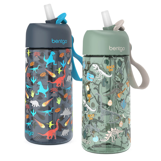 Bentgo Kids Water Bottle 2-Pack - Leak-Proof, Durable Tritan™, BPA-Free 15 oz Cup for Kids/Toddlers 3+; Flip-Up Straw; Dishwasher Safe for School/Sports/Daycare/Camp (Dinosaur/Dino Fossils)