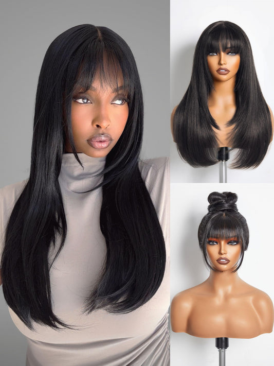GORGIUS Layered Wigs with Bangs Ready to Go Straight Wig with Bangs 22 Inch Put On Go Black Bang Wigs Crafted with Style-Archive Synthetic Fiber Natural Pre-Plucked Hairline