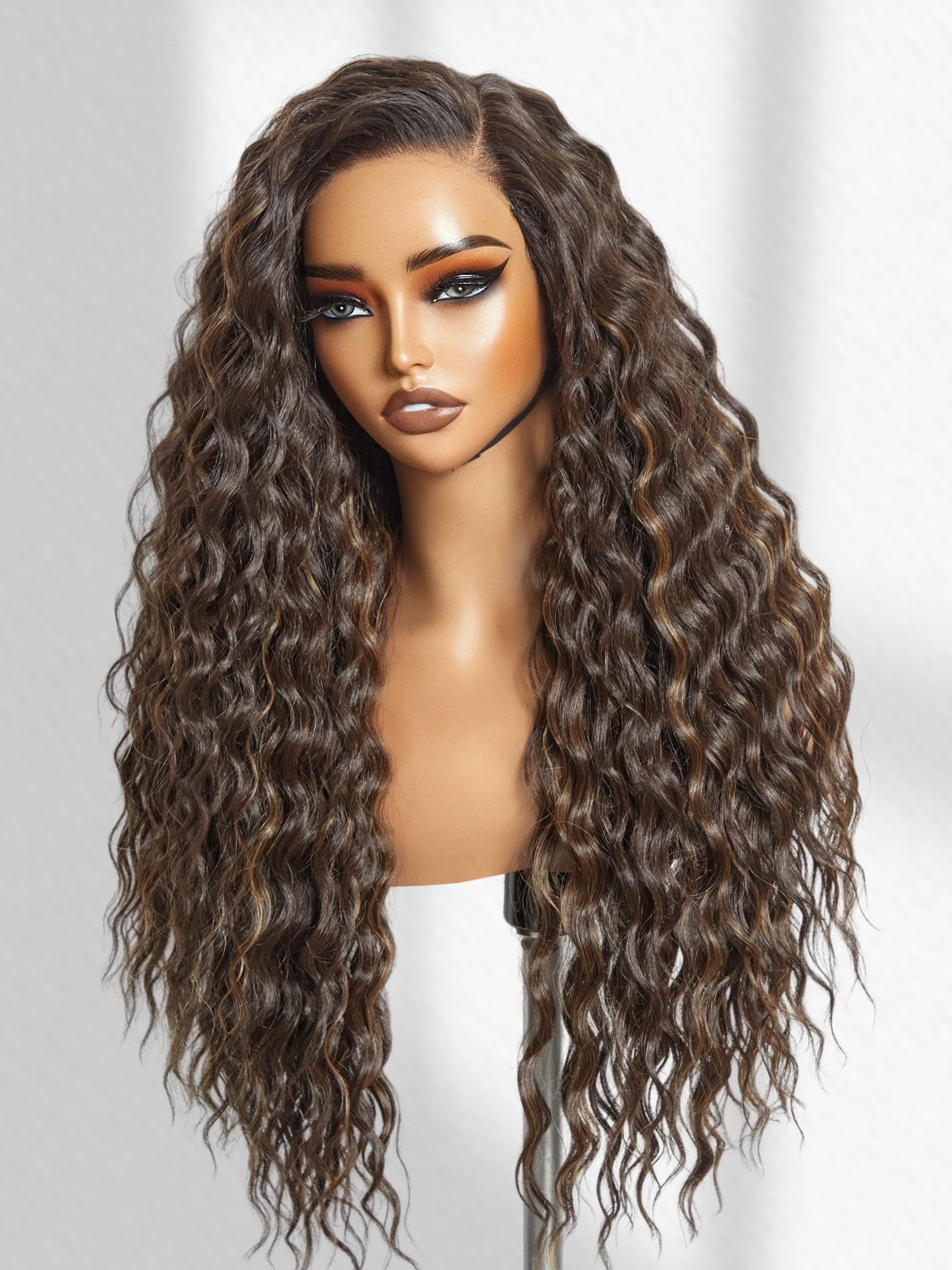 GORGIUS Brown Highlight Ocean Wave Lace Front Wigs Pre Cut Glueless Side Part Closure Wig 28 Inch Synthetic Long Wig